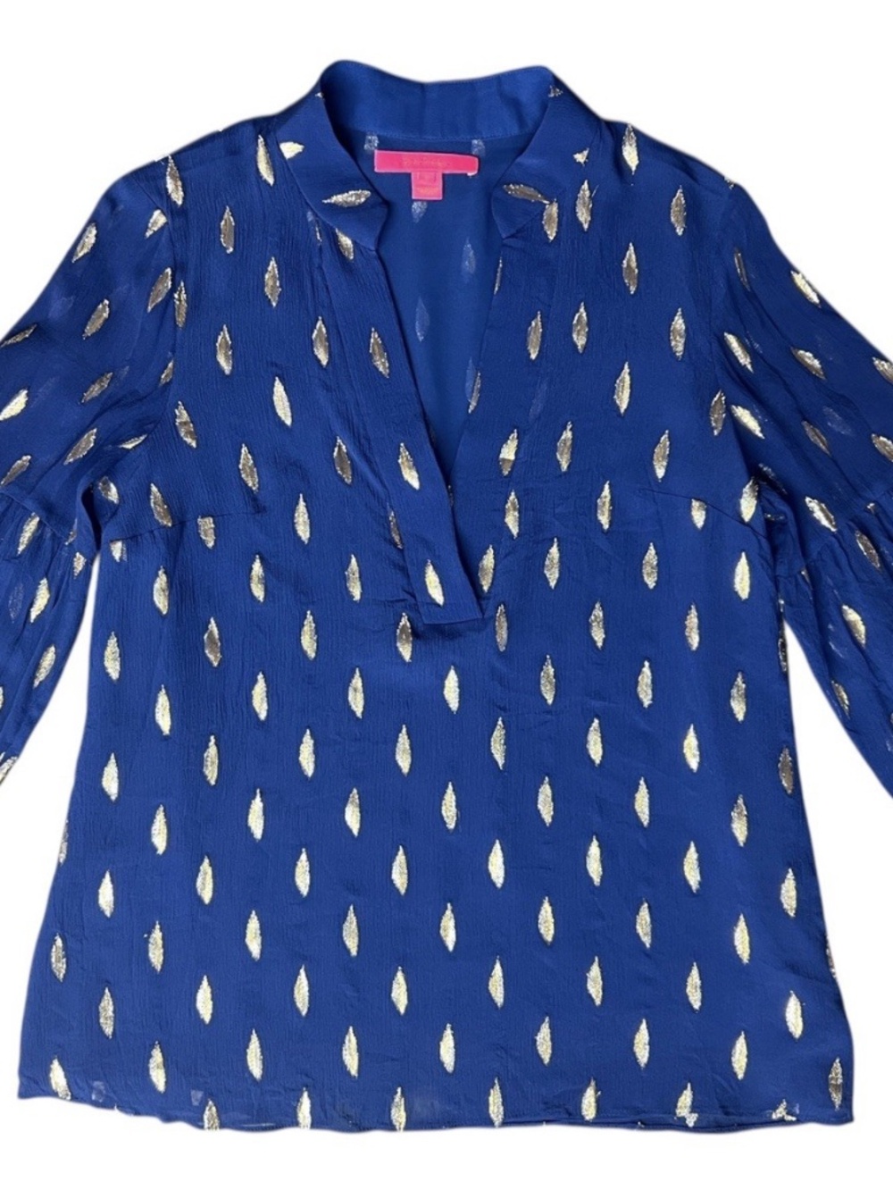 Lilly Pulitzer Women’s Blue Lapis Lazuli Silk Metallic Gold Silver Shea Top S